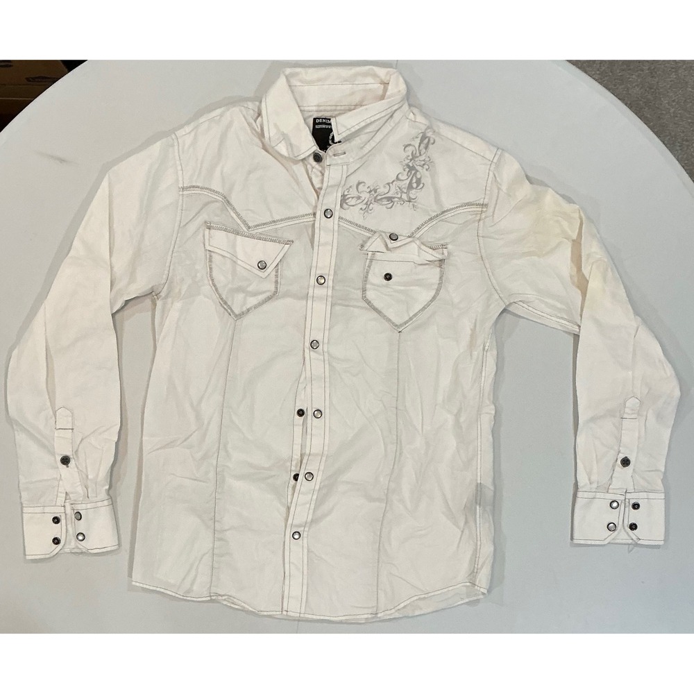 Y2K Indigo Star Western Shirt Mens M White Grunge Goth Embroidered MMA